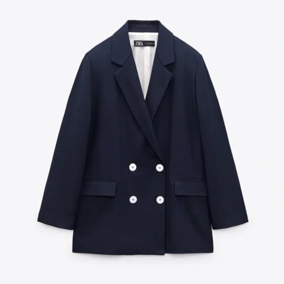 ZARA NAVY BLUE DOUBLE BREASTED LONG MINIMALIST BLAZER JACKET Medium - Picture 2 of 10